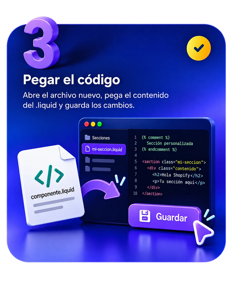 Paso 3: pegar el contenido del archivo .liquid en la sección nueva y guardar los cambios