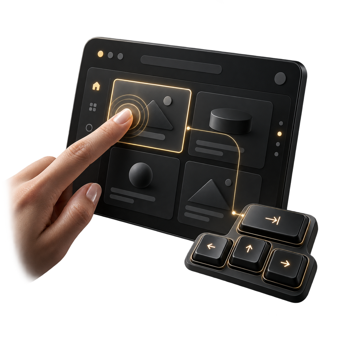It works with the finger and the keyboard