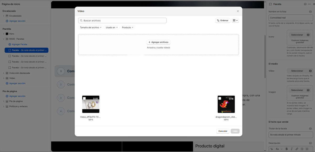 RAXE Facetas — Sección de beneficios interactivos para Shopify