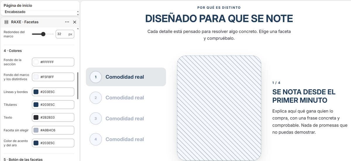 RAXE Facetas — Sección de beneficios interactivos para Shopify