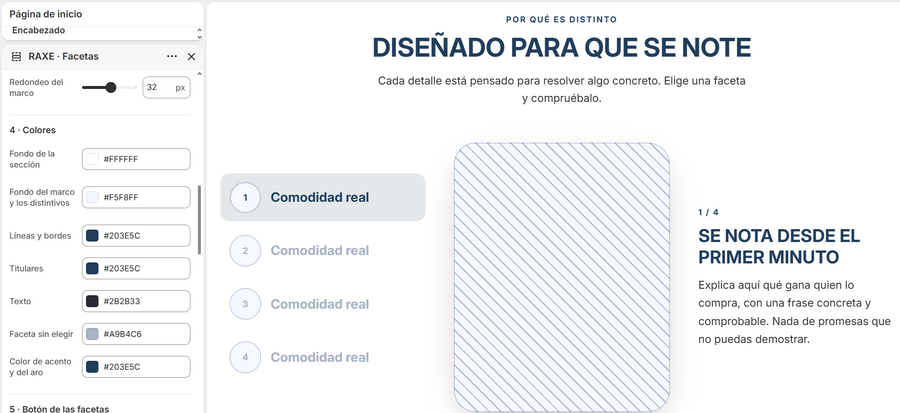 RAXE Facetas — Sección de beneficios interactivos para Shopify